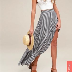 LULU’s high-wast hi-low ruffle nautical maxi skirt
